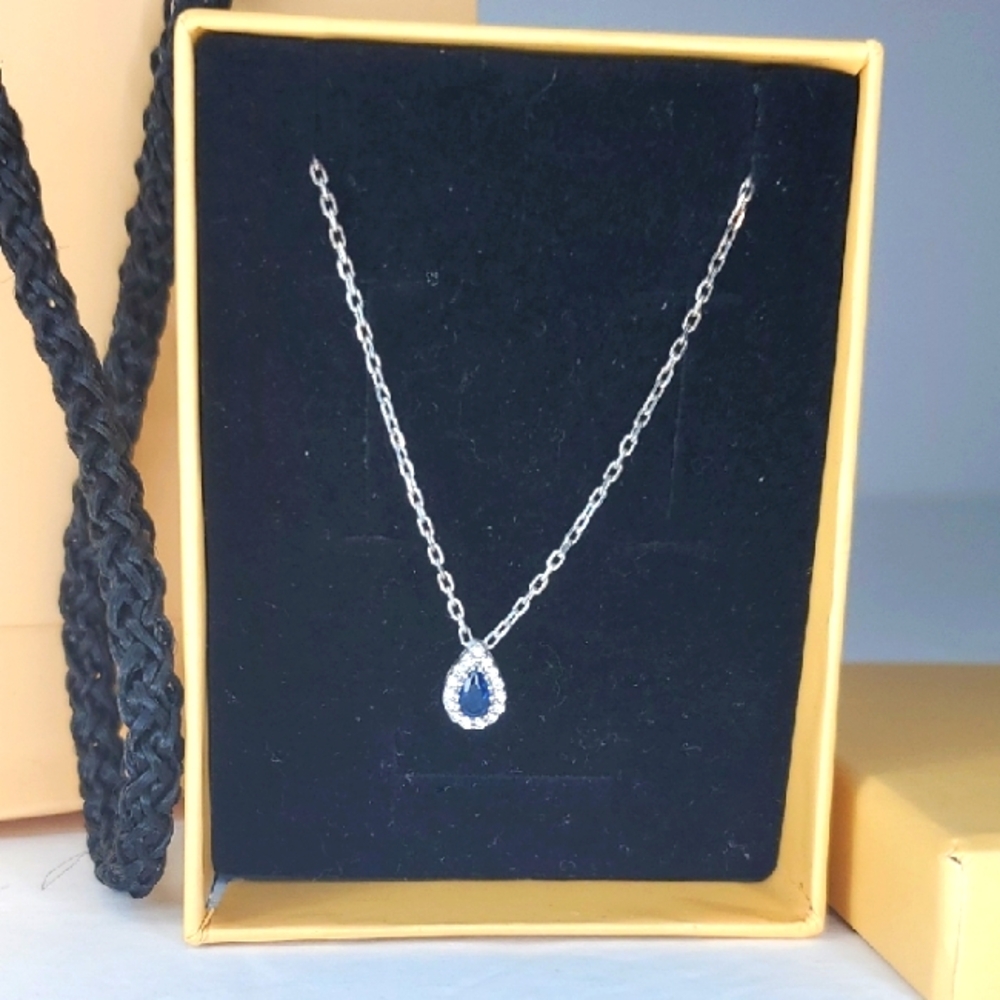 Blue Teardrop Crystal Necklace 8in Silver Color Chain Circle Clasp Gift Women